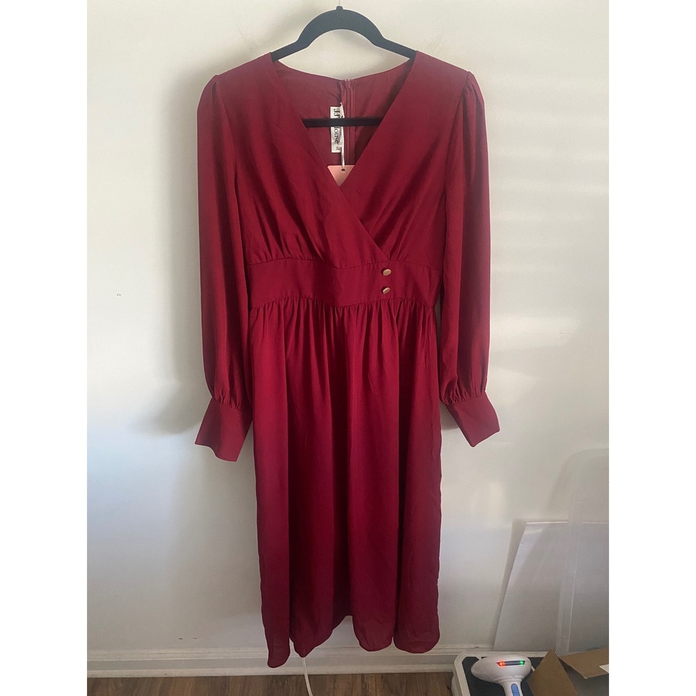JJ's House Burgundy Long Sleeve V Neck Wrap Midi Dress‎ Buttons Size M